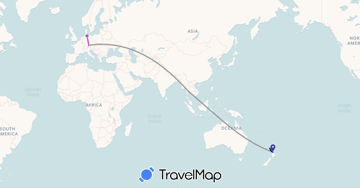 TravelMap itinerary: driving, plane, train, hiking, boat in Germany, New Zealand, Thailand (Asia, Europe, Oceania)